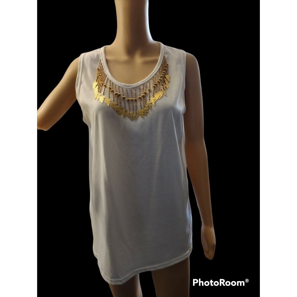Lavon Sports Women Top Size M Beaded Tassel Neckline White Sleeveless